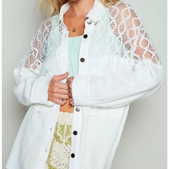 POL Women’s White Lace & Gauze Button Down Blouse Sz M - Picture 1 of 8